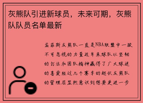 灰熊队引进新球员,未来可期,灰熊队队员名单最新