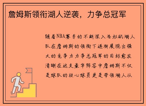 詹姆斯领衔湖人逆袭,力争总冠军